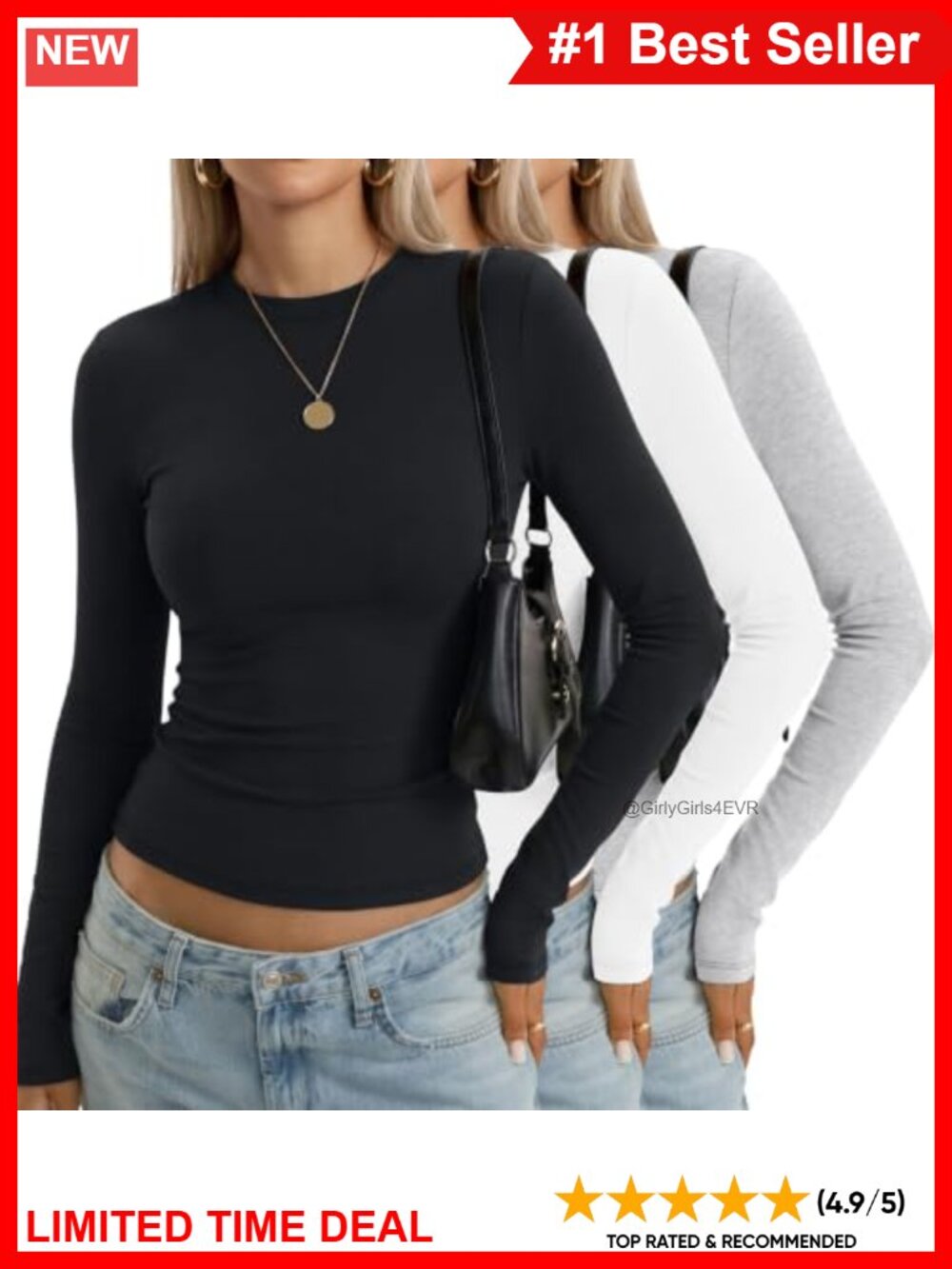 Womens Cotton Crew Neck Long Sleeve Fitted Tops Y2K Slim Fit Multipack Tees